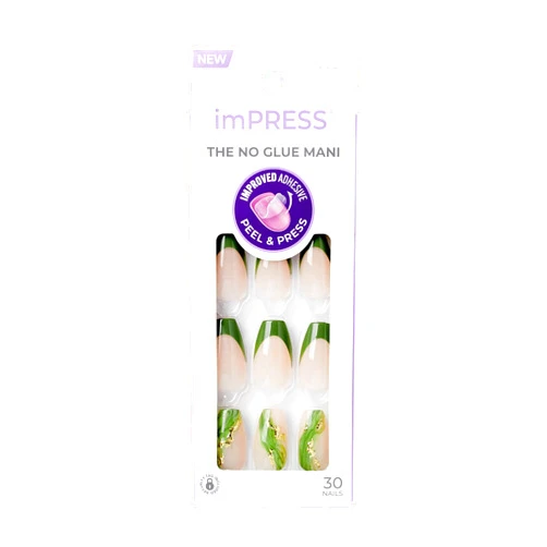 ImPRESS KISS imPRESS No Glue Mani Press-On Nails, Design, Ballerina', Neutral/green, Medium Size, Coffin Shape, Includes 30 Nails, Prep Pad, Instructions Sheet, 1 Manicure Stick, 1 Mini File
