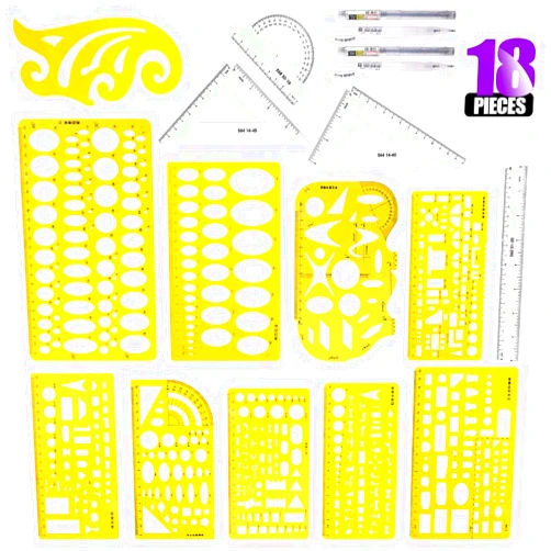 Swpeet 18Pcs Plastic Yellow Geometric Drawings Templates Kit, 10 Different Geometric Measuring Drawings Templates Stencils with 2Pcs Pencil and 5Pcs Measuring Ruler for Drawing Engineering Drafting