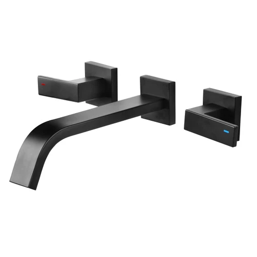 Chalirs Brass Wall Mount Bathroom Faucet,Matte Black Wall Mounted Vessel Sink Faucet with Dual Lever Handles,Widespread 3 Holes Wall Faucet for Vanity Lavatory Sink,Rough in Valve