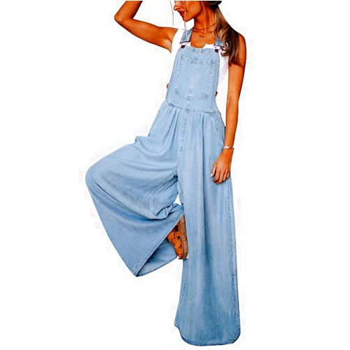 chouyatou Women's Loose Adjustable Strap Wide Leg Denim Bib Overall Jeans Pants