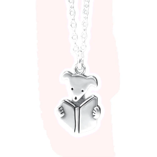 Mark Poulin Book Dog Necklace - Sterling Silver Reading Dog - Smart Dog Charm on Adjustable Sterling Chain