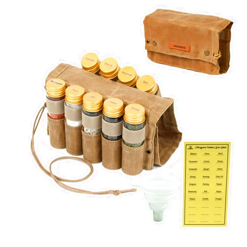 MONGPIENS Camping Spice kit with 9 spice Jar,rope,Spice Labels Sticker,Silicone Collapsible Funnel, Canvas Travel Seasoning container, portable spice bag for travel (CAMEL BROWN)