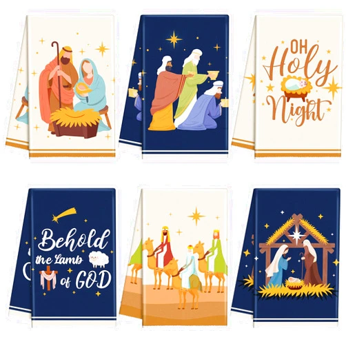 FuWeave 6 Pcs Christmas Kitchen Towels Christian Nativity Scene Dish Towels 15.8 x 23.6 Inch Decorative Jesus Hand Towels Farmhouse Xmas Tea Towels Holiday Kitchen Decor for Winter Housewarming Gifts