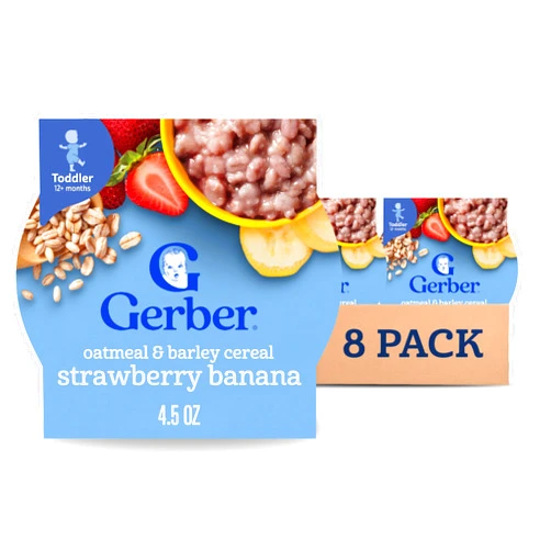 Gerber Toddler Food, Baby Food, Breakfast Oatmeal with Barley, Strawberry Banana Flavor, Cereal, Iron Helps Support Brain Development, 8 Pack