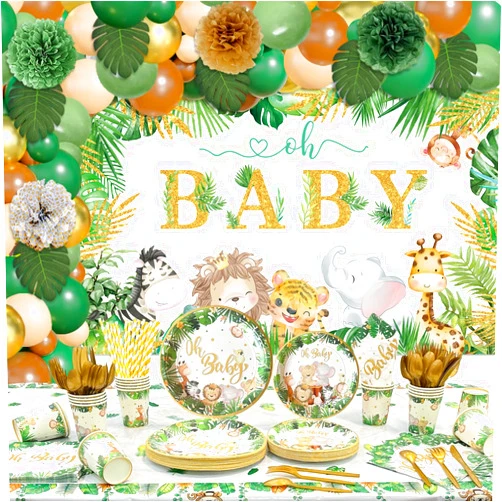 YHFNDIYS Safari Jungle Baby Shower Decorations for Boy Girl ,258 PCS Jungle Safari Animal Party Decorations Supplies (20 Guest) with Paper Plates Cups Napkins Tablecloth Backdrop Balloons Arch Kit