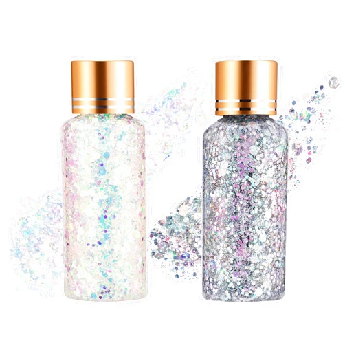 KIMIEYE Holographic Body Glitter Gel for Face, Body, Nail, Super Long Lasting Waterproof Quick Dry Liquid Chunky Glitter Eyeshadow for Rave Festival Party Makeup Accessories, 1oz (White & Silver)