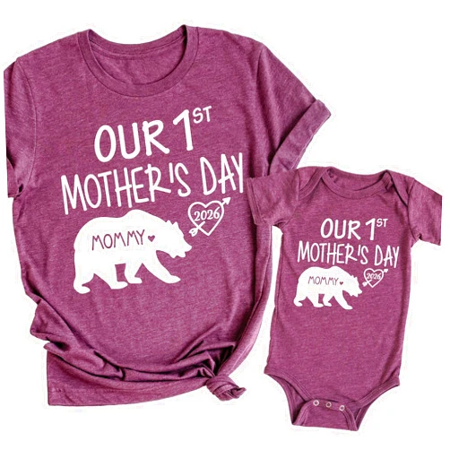 Generic Our 1st Mother's Day Shirt, Mommy and Me Shirts, Matching First Mother's Day Outfits, Customizable with Names and Date, Baby Bodysuit and Mom Shirt Set, Mother's Day Gift Idea, Pack of 2