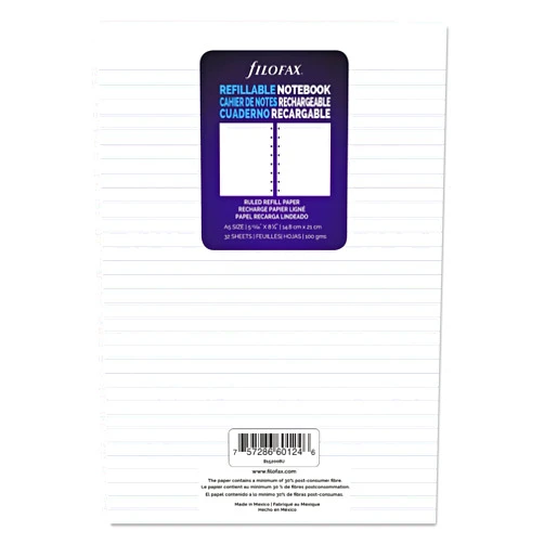Filofax Notebooks A5 Ruled Journal Refill, Movable, 8 1/4 x 5 13/16 inches, 32 Cream Sheets Fits Filofax Refillable A5 (B152008U)