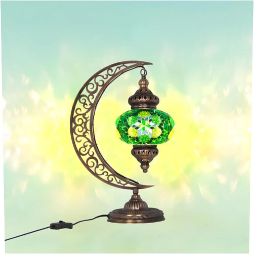 ATÖLYE LAMP DESIGN Turkish Tiffany-Style Lamp - Handmade Mosaic Moon Bedside Light, Stained Glass Daisy Design