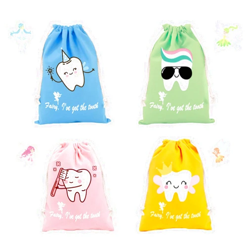 CUNGLIN Tooth Fairy Gift Bags Pillow Pouch for Boys and Girls 4 Pack