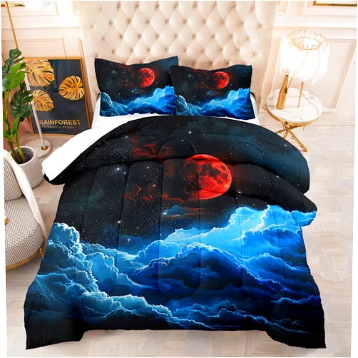 Menkala Red Moon Comforter Night Galaxy Full Size Comforter Sets Outer Space Bedding Sets 3D Printed Space Stars Comforter Set 3Pcs Soft Lightweight Down Comforter with 2 Pillowcases