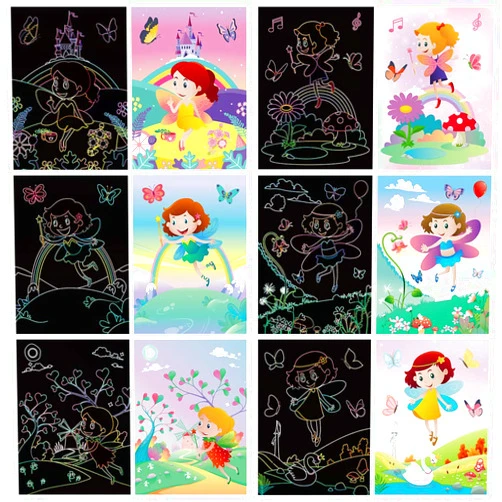 Yarlilyan 9 Pieces Cartoon Fairy Scratch Art Set with Wooden Stylus and Brush, Black Scratch Off and Coloring Cards for Kids, Creative Toys Birthday Gift Party Game for Boys Girls