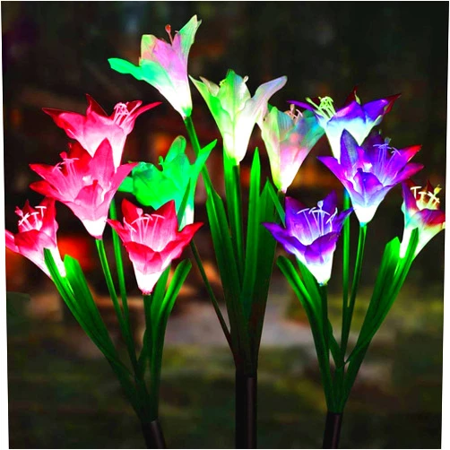 CREPRO Outdoor Solar Garden Stake Lights, 3 Pack Solar Decorative Lights with 12 Lily Flower, Multi-Color Changing LED Outdoor Solar Lights Flowers for Garden, Patio Lawn Path, Backyard