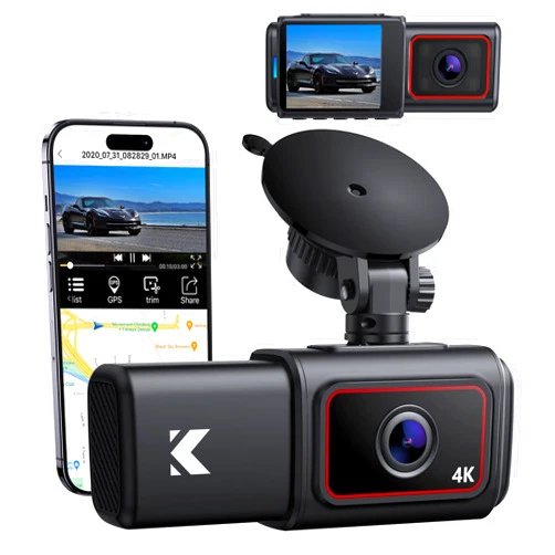 Kingslim D6-4K Dual Dash Cam - WiFi & GPS 4K Front and 1080P Inside Type-C Uber Car Camera with Super Night Vision and 24-Hour Parking Monitor, 3 Channel Dash Cam Optional, Black