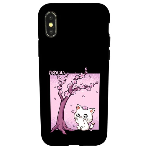 Cute Pink Pastel Cat Kawaii Baby Cat Kitten Manga iPhone X/XS Kawaii Cat Cherry Blossom Anime Kitten Sakura Japanese Kanji Case