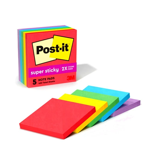 Post-it Super Sticky Notes, 3x3 in, 5 Pads, 2x the Sticking Power, Playful Primaries, Primary Colors (Red, Yellow, Green, Blue, Purple), Recyclable(654-6SSAN)