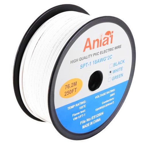 Aniai SPT-1 18/2 Low Voltage Landscape Lighting Copper Wire - 250 Feet White 18 Gauge Wire 2-Conductor - UL Listed 18/2 Wire Electrical Wire