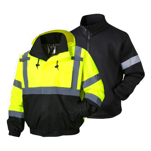 SKSAFETY 3-in-1 High Visibility Winter Bomber Jackets Zip Out Fleece Liner Reflective Safety Coats for men Waterproof ANSI/ISEA Class 3(Lime 2XL)