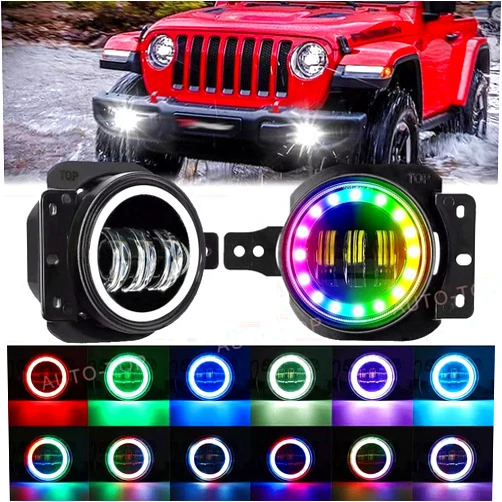 UTVJATV 4 inch JL Fog Lights RGB LED Halo Compatible with 2018-2021 Wrangler JL, 4