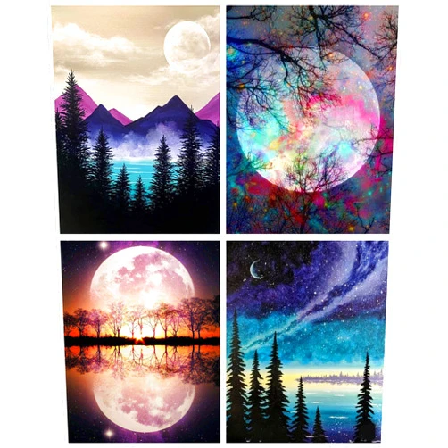 Clendo 4 Pack DIY Paint by Numbers for Adults Beginner, Moon Landscape Easy Paint by Numbers for Beginner, Acrylic Watercolor Paint by Number for Kids, Painting by Numbers Perfect for Gift Decor - 12x16 Inch 4pack moon