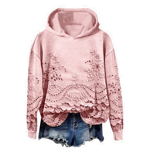 Generic Vintage Floral Embroidery Art Cozy Women Hoodie Fleece Sweatshirt Long Sleeve Shirt Pullover Fall Winter Outfits 2024