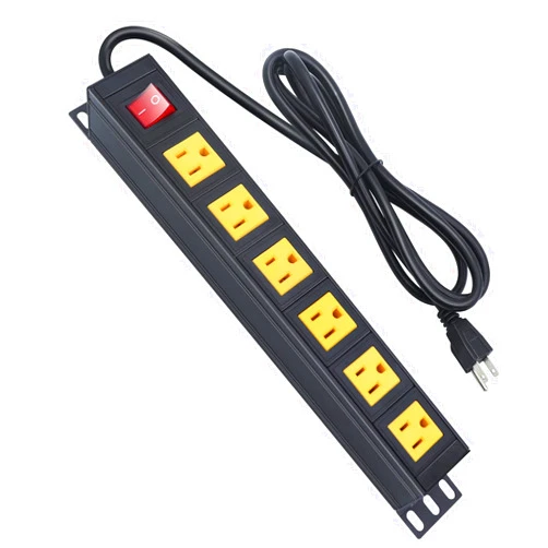QBA 6 Outlet Metal Power Strip, Heavy Duty Wide Spaced Power Strip, Wall Mount Power Strip for Home Office Garage Workbench, 6FT 16AWG Extension Cord, Yellow