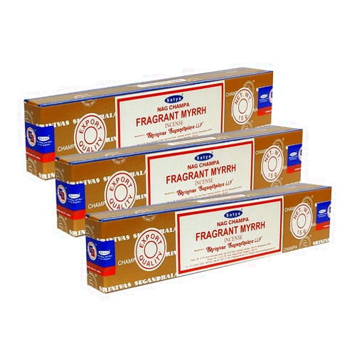 Satya Nag Champa Fragrant Myrrh Incense Sticks Pack of 3 Boxes 15gms Each Hand Rolled Agarbatti Fine Quality Incense Sticks for Purification, Relaxation, Positivity, Yoga, Meditation