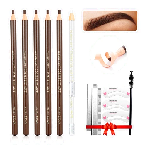 LSxia Waterproof Eye-Brows Pen-cil Set, Pull Cord Peel-off Eyebrow Pencil Microblading Eyebrow Pen Supplies Kit, White Eye-Liner Pencil and Eyebrows Tool Tattoo Makeup For Marking (5+1 Dark Brown)