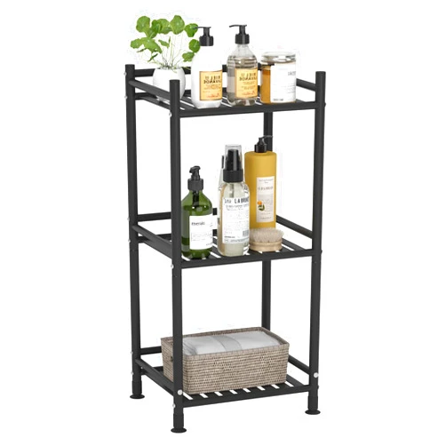 FKUO 3 Tier Bathroom Storage Open Shelf Unit, Free-Standing Metal Corner Rack Shelving for Kitchen, Living Room, Hallway (Matte Black, 3 Tier)