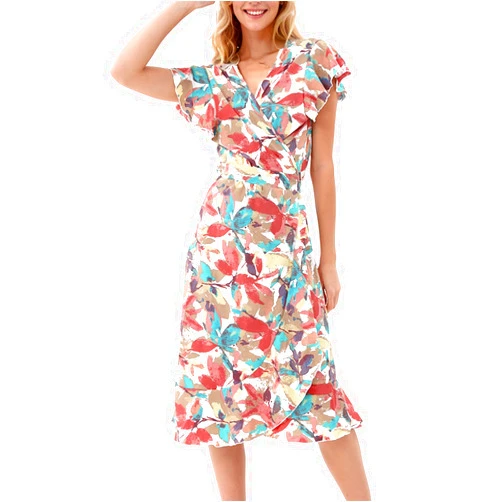 LICOBOD Women's Summer Wrap Maxi Dress Casual Boho Floral V Neck Short Sleeve Ruffle Hem Split Beach Long Dresses