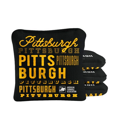 Skip's Garage Pittsburgh Synergy Pro Black Cornhole Bags - Set of (4) - All-Weather, Dual Sided, Stick & Slide Resin Filled Corn Hole Bags