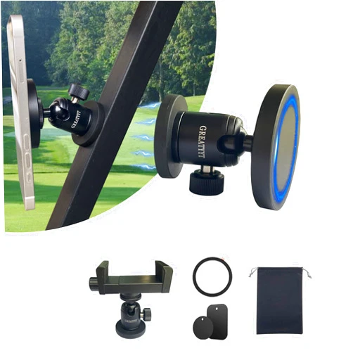 GreatYYT Dual Magnetic Golf Cart Phone Holder, Magnetic and Phone Clamp Two Mount Option Compatible with iPhone & Android, Aluminum Metal,360-Degree Rotation.