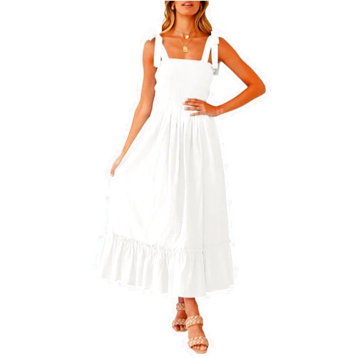 ZESICA Women's 2025 Summer Boho Spaghetti Strap Square Neck Solid Color Ruffle A Line Beach Long Maxi Dress