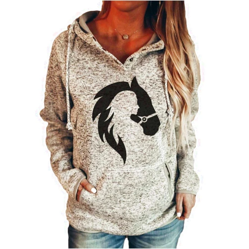IVERIRMIN Horse Hoodie for Women, Long Sleeve Horse Print Hooded Sweatshirt with Pockets Button Up Drawstring Hoodie