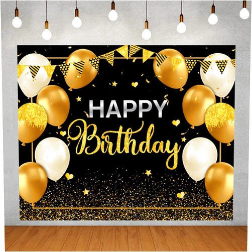 Chloroplastid 10x8ft Happy Birthday Decorations Backdrop for Men Women Boys Girls Black and Gold Balloons Happy Birthday Banner Sign Poster Large Birthday Party Photography Background Supplies Props