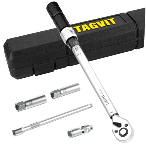 TAGVIT 3/8 Inch Drive Click Torque Wrench Set, (5-45 ft.-lb./6.8-61.2Nm) Dual Direction Adjustable Torque Wrench with Spark Plug Socket, Extension Bar and Universal Joint for Bicycle Motorcycle Car