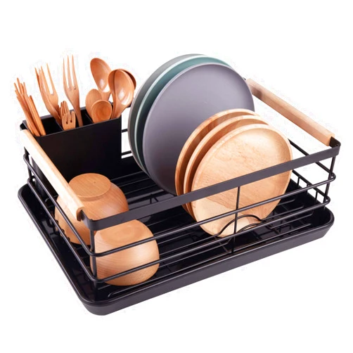 BRIAN & DANY Dish Drying Rack, Dish Racks for Kitchen Counter, Stainless Steel Dish Drainer with Removable Cutlery Holder & Drainboard, Black