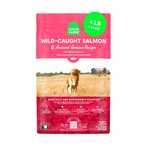 Open Farm, Ancient Grains Dry Dog Food, Protein-Rich & Nutrient Dense, 90% Animal Protein Mixed with Non-GMO Fruits, Veggies and Superfoods, Wild Caught Salmon Recipe, 4lb Bag