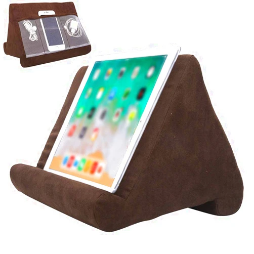 Souleden Tablet Soft Pillow Stand with Mesh Storage Pockets Multi-Angle Soft Bed Pillow Holder Lap Stand for Tablets Readers Books Magazines Kindle Brown