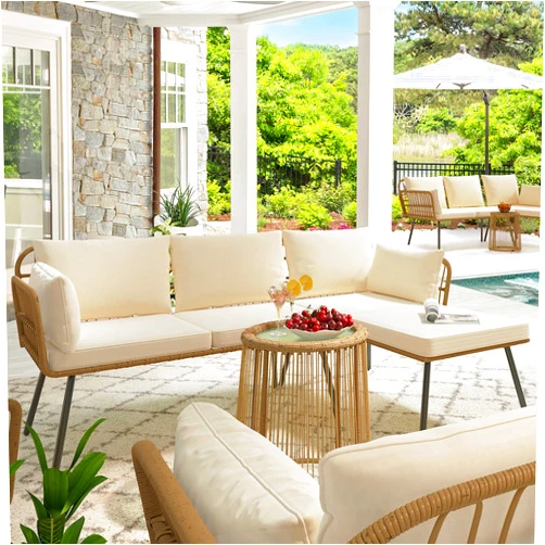 YITAHOME 3 Pieces Patio Furniture Set, Outdoor Wicker Conversation Sectional L-Shaped Sofa with 4 Seater for Backyard, Porch, Boho Detachable Lounger with Cushions and Coffee Table - Beige