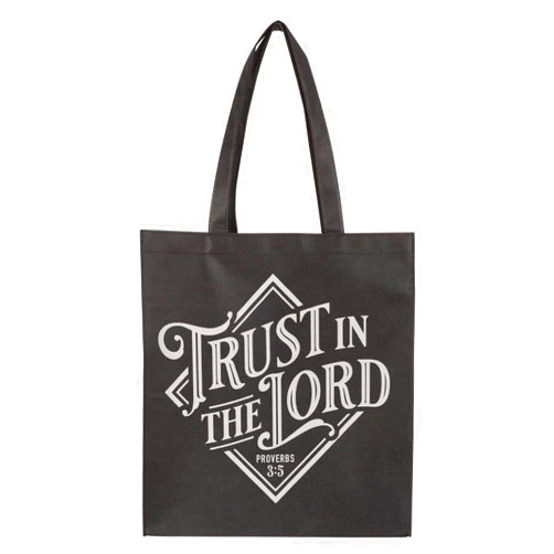Christian Art Gifts Large Reusable Shopping Tote Bag for Men & Women: Trust in the Lord Inspirational Bible Verse Durable Chic Handbag, Travel, Groceries, Reinforced Easy-Carry Handles, Black & Gray