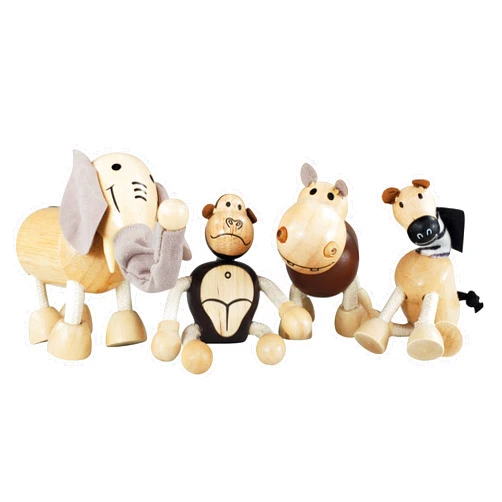 TEKOR Wooden Bendable Jungle Animal Toys (Set of 4) | Ages 3 & Up | Early Education Toy Animals for Kids | Elephant, Zebra, Hippo, Gorilla | Smooth Natural Wood | Endless Play for Girls & Boys