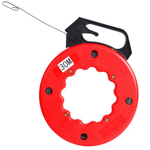 KINJOEK 100 Feet Steel Fish Tape in Red Plastic Housing Retractable Wire Fish Tape Reel Pulling for Heavy Duty Pulls, Short Runs and Conduit Measuring