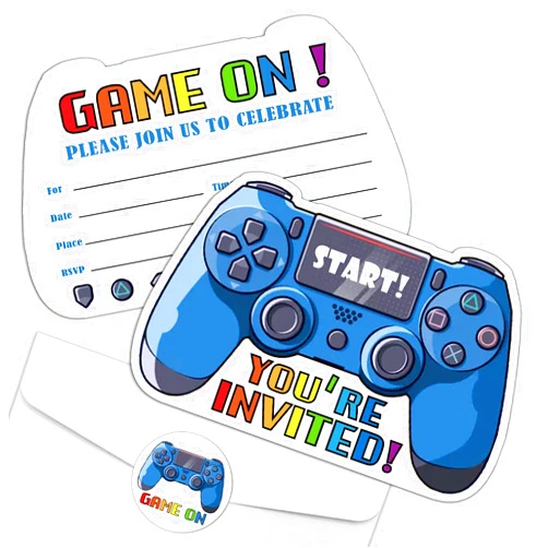 REWIDPARTY Video Game Invitations with Envelopes & Stickers（Set of 15） Video Game Shaped Fill-in Invitations Game On Birthday Party Invites Cards Gamer Party Favors Birthday Party Supplies for Kids