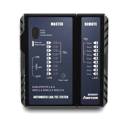 AMPCOM Network Cable Tester, for LAN Phone RJ45/RJ11/RJ12/8P8C/6P6C/6P4C/6P2C/CAT5e/CAT6/CAT6A/CAT7/CAT8 UTP/STP Wire Test Tool (Black)