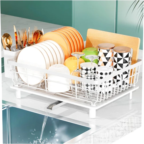 LIONONLY Dish Drying Rack, Space Saving Dish Racks for Kitchen Counter with 360° Rotatable Drain Spout, Multifunctional Dish Rack with Drainboard, Utensil Holder, Kitchen Organizers, White