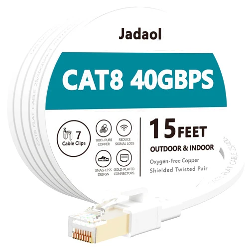Jadaol Cat8 Ethernet Cable, Outdoor&Indoor, 15 FT Heavy Duty High Speed Cat 8 LAN Network Cable, 40Gbps 2000MHz RJ45 Flat Internet Computer Patch Cord, Weatherproof S/FTP UV Resistant for Router/Modem/Gaming