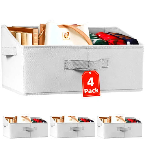 Criusia Closet Organizers Bins 4 Pack - Large Collapsible Shelf Organizer with Handles - Fabric Trapezoid Home Organization and Storage Baskets for Organizing Clothes Toy Blanket Towel Purse Hats
