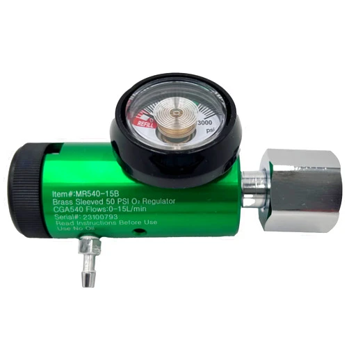 ResOne 15LPM Oxygen Regulator CGA-540#MR540-15B, Adjustable Flow 0-15 LPM - ASTM G175-03 - Aluminum/Brass, Max Inlet: 3000 PSI, Outlet: 50 PSI - Compact 1.38 inches X 6.29 inches