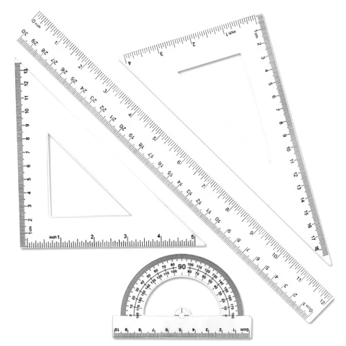 XQIGI Clear Math Geometry Tool Set of 4 PCS, 12 Inch Straight Ruler for Measuring and Drafting, Clear Plastic Triangle Rulers, Transparent Protractor Imperial Metric for Student School Office Supplies